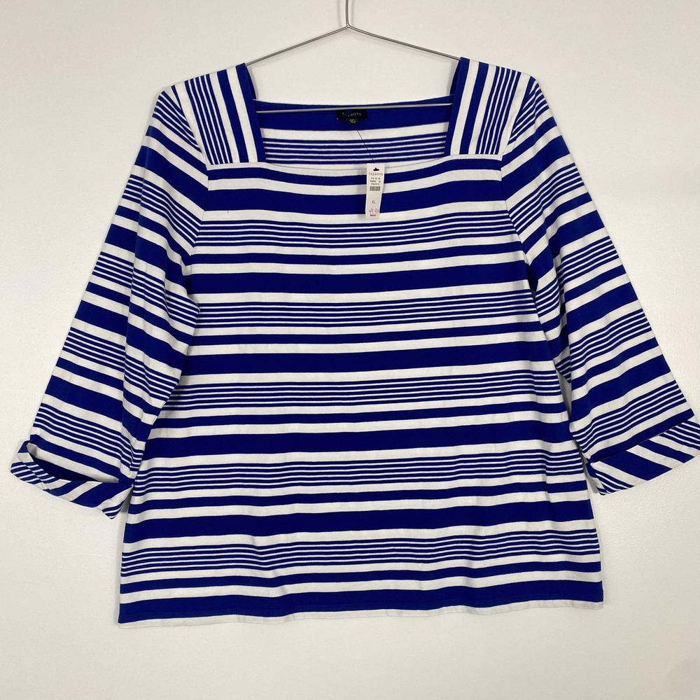 Talbots Shirt Womens XL Blue White Striped Square Neck 3/4 Sleeve Cotton Top
